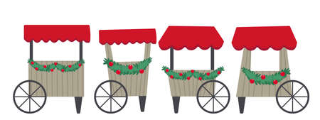 Vector illustration isolated on white background set of Christmas market tent and stalls decorated with Christmas decor.のイラスト素材
