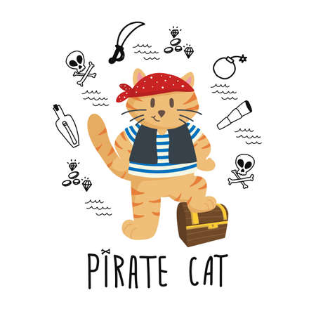 Vector isolated illustration character cat with doodle pirate bundle elements and Pirate cat letteringのイラスト素材