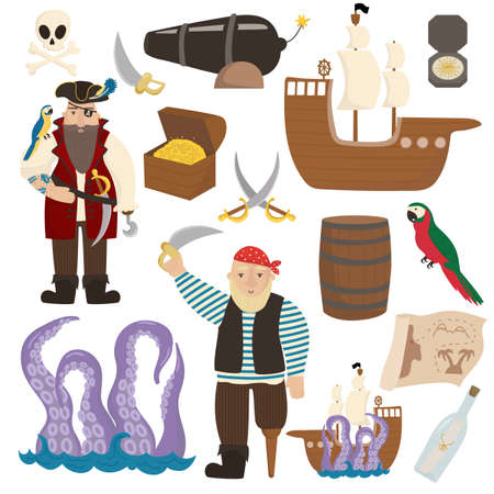 Vector isolated illustration characters pirates. Pirate bundle ship, kraken, chest, cannon, treasure map, parrot.のイラスト素材