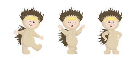 Vector illustration isolated on white background child in animal carnival costume. Cute cartoon baby in a hedgehog costume in different posesのイラスト素材