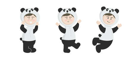Vector illustration isolated on white background child in animal carnival costume. Cute cartoon baby in a panda costume in different posesのイラスト素材