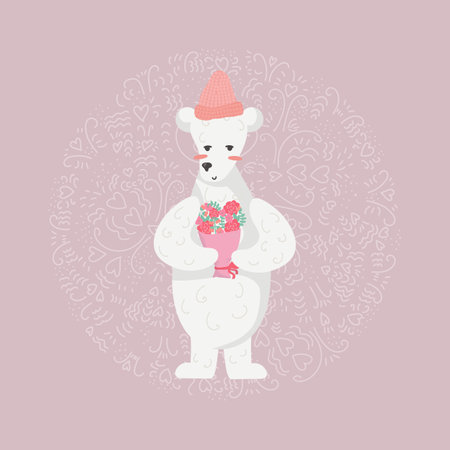 Vector isolated valentine's day illustration of cute polar bear gives a bouquet. Cute teddy bear clipart is suitable for postcards for February 14, decor of the children's room, invitationsのイラスト素材