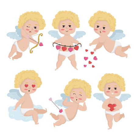 Vector illustration isolated set of golden-haired cupid in different poses. Valentine's day and...