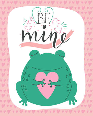 Vector illustration card kawaii frog character with lettering Be mine. Valentine's day concept cartoon characters in love, cute declaration of loveのイラスト素材