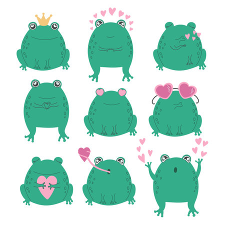 Vector illustration of a set of cute cartoon frogs in love. valentine's day concept, wedding and love youのイラスト素材