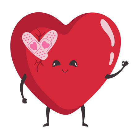 Vector illustration of a cute broken heart with a band-aid. Valentine's day concept character in love.のイラスト素材