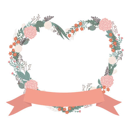 Vector illustration of isolated heart frame with flowers and ribbon. Mother's day, Valentine's day, wedding, love bohemian concept for cards, invitationsのイラスト素材