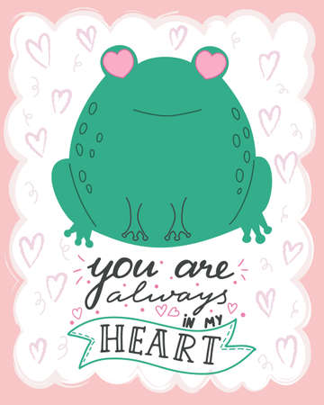 Vector illustration cute kawaii frog with lettering You are always in my heart. Valentine's day concept cartoon characters in loveのイラスト素材