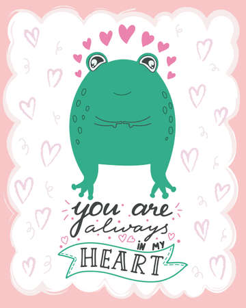 Vector illustration cute kawaii frog with lettering You are always in my heart. Valentine's day concept cartoon characters in loveのイラスト素材