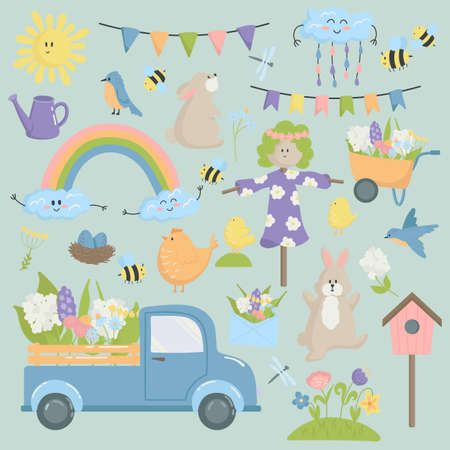 Vector illustration isolated set of spring elements truck with flowers, scarecrow, rainbow, flower bed. Spring concept in cartoon style.のイラスト素材