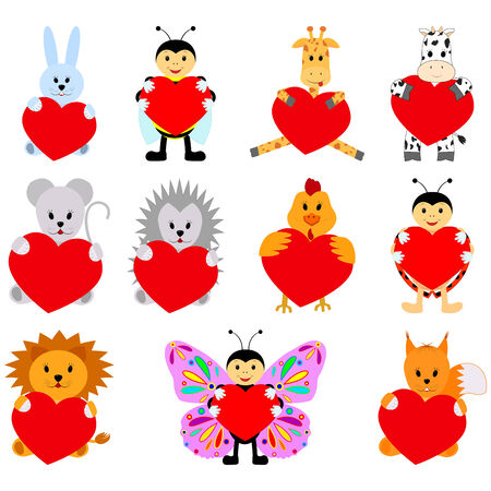 Set of funny animals with hearts for your disign. Can be used in the design of greeting cards for Valentines Dayのイラスト素材