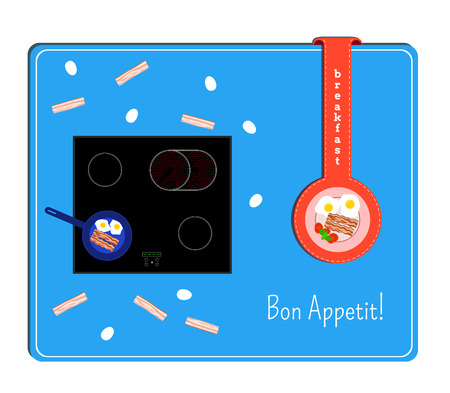 The card with the image of the hob and the ingredients for breakfast. Label with a plate of fried eggs and bacon.のイラスト素材