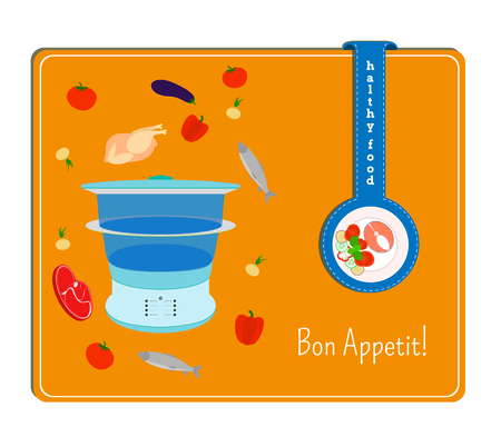 The card with the image of the steamer and the ingredients for cooking. Label with a plate of fish and vegetables.のイラスト素材