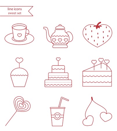 Line style icons set. Sweets fnd cake love setのイラスト素材