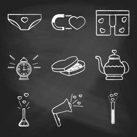 Set of love icons painted with white chalk on a blackboard. Decorative icons for Valentine's day. Hands-drawn style.のイラスト素材