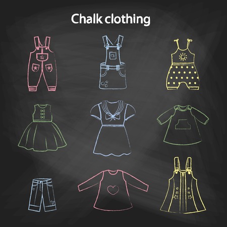 CHALK style icons. Set of cute dresses for the little girl. Collection of clothing in a linear style for the child. Vector outline illustration. Vector outline  illustration set for your designのイラスト素材