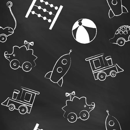 Seamless pattern black chalk board with white children's chalk drawings. Hand-drawn style. Seamless vector wallpaper with the image of   hedgehog, key wind-up toy, rocket, train.のイラスト素材