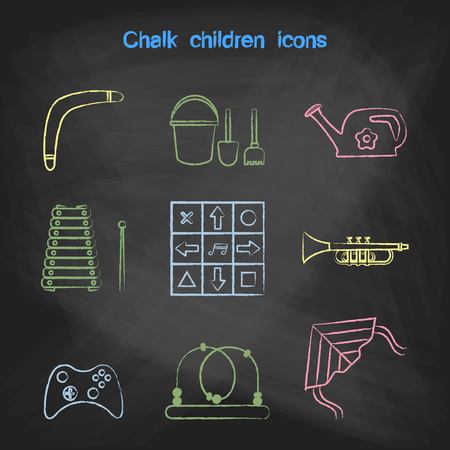 CHALK style icons set. Children's toys collection of vector icons. Outline vector xylophone, pipe, tube, a dance mat, boomerang, a joystick, a maze, a kite, watering can, bucket, shovel, rakeのイラスト素材