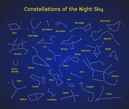 Big set of vector 28 constellations. Collection of zodiac constellations of the night sky. Elements for design flyers astronomical, astrological business cards, websites and packagingのイラスト素材