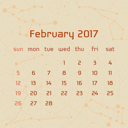 Vector calendar for 2017 in the retro style. Calendar for the month of February with the image of the constellations on beige scratched background. Elements for creative design ideas of your calendarのイラスト素材