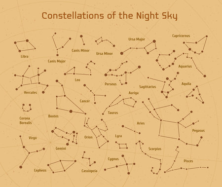 Big set of vector 28 constellations. Collection of zodiac constellations of the night sky. Elements for design flyers astronomical, astrological business cards, websites and packagingのイラスト素材