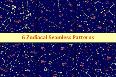 Set of seamless patterns with the image of the zodiac signs and constellations. collection of blue backgrounds zodiac Gemini, Taurus, Virgo, Sagittarius, Aries, Leo starry skyのイラスト素材