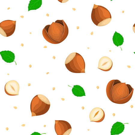 Vector seamless pattern hazelnuts with leaves. Illustration of walnut nut isolated on white background it can be used as packaging design element printing brochures on healthy and vegetarian dietのイラスト素材