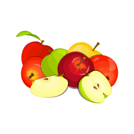 Vector drawing of a few apples. Yellow, red and green apple fruits appetizing looking. Group of tasty fruits colorful design for the packaging of juice, breakfast, healthy eating, vegetarianismのイラスト素材