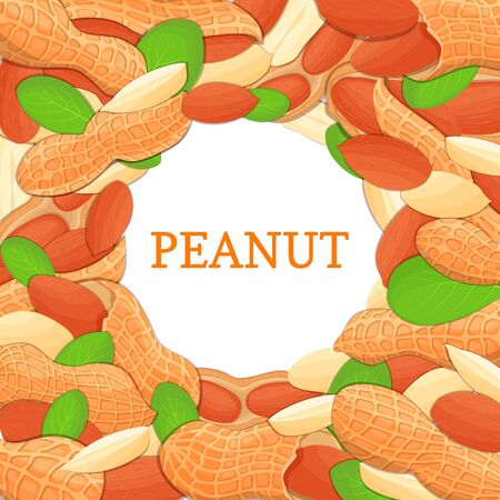 Round colored frame composed of peanut nut. Vector card illustration. Circle nuts frame, groundnut fruit in the shell, whole, shelled, leaves appetizing looking for packaging design of healthy foodのイラスト素材