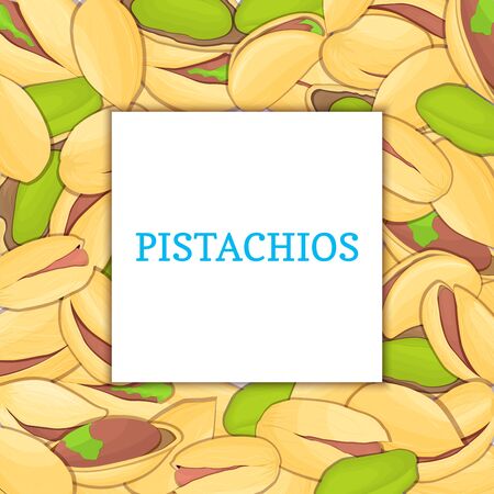 The square colored frame composed of pistachios nut. Vector card illustration. Nuts frame, walnut fruit in the shell, whole, shelled, leaves appetizing looking for packaging design of healthy foodのイラスト素材
