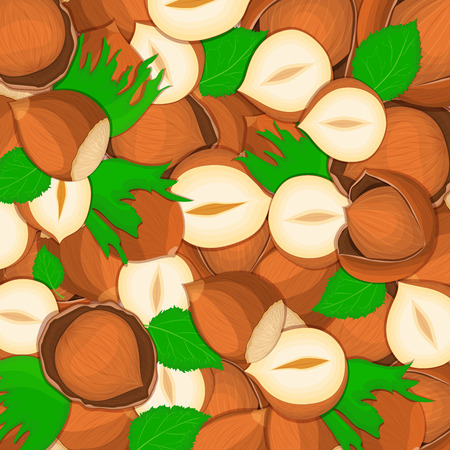 The hazelnut nut background Closely spaced delicious hazelnut vector illustration Nuts pattern walnut fruit in the shell whole shelled leaves appetizing looking for packaging design of healthy foodのイラスト素材