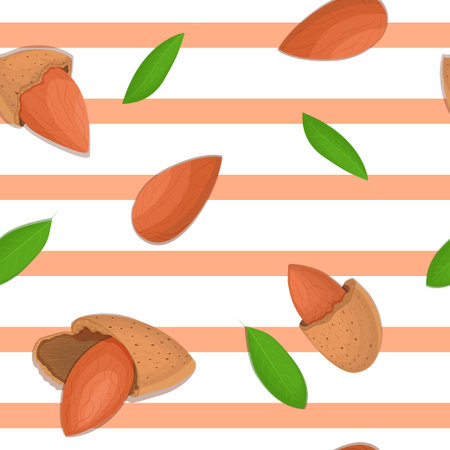 Seamless vector pattern of almond nut. Striped background with delicious almond nuts, leaves. Illustration can be used for printing on fabric, textile in design packaging, packaging designのイラスト素材
