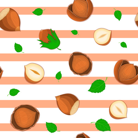 Seamless vector pattern of hazelnut nut. Striped background with delicious walnut, leaves. Illustration can be used for printing on fabric, textile in design packaging, packaging designのイラスト素材