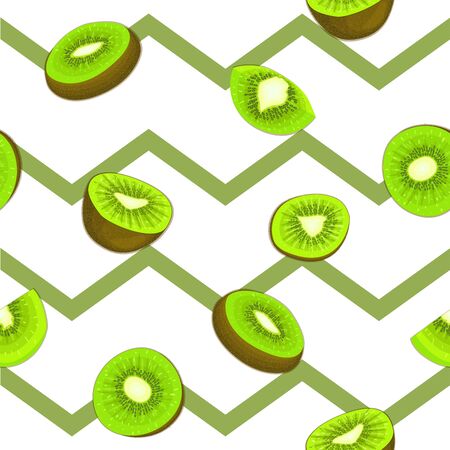 Seamless vector pattern of ripe kiwifruit. Striped zig zag background with delicious juicy green kiwi slice half leaves. Vector fresh fruit Illustration for printing on fabric textile design packagingのイラスト素材