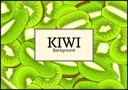 The rectangular frame on ripe kiwi fruit background. Vector card illustration. Delicious fresh juicy kiwi fruit peeled, piece of half slice seed. appetizing looking for packaging design food juiceのイラスト素材
