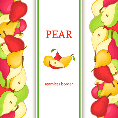 Ripe pear vertical seamless border. Vector illustration card with composition Juicy pears fruits whole and slice, leaf appetizing looking for packaging design of juice breakfast, healthy foodのイラスト素材