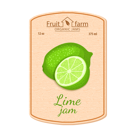 Lime jam lable. Composition of tropical green lemon fruits. Design of a sticker for a jar with lime jam, fruit marmalade, juice, smoothies.のイラスト素材
