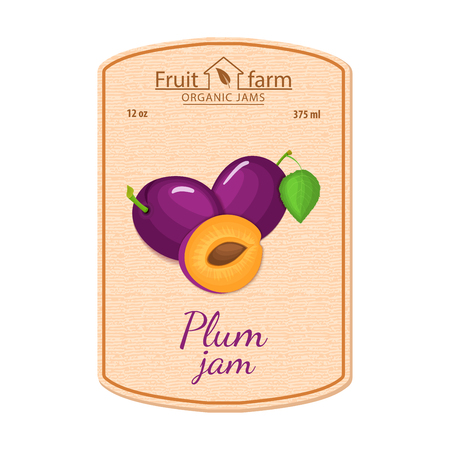 Vector plum jam lable. Composition of purple plums fruits. Design of a sticker for a jar with plum jam, fruit marmalade, juice, smoothies. Sticker in retro style with texture for your design.のイラスト素材