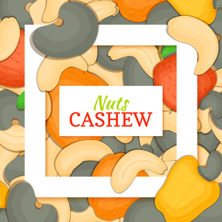 Square white frame and rectangle label on cashew nuts background. Vector card illustration.のイラスト素材
