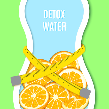 Silhouette of a bottle like Female figure, tape measure on waist, citrus orange fruit. Vector card llustration.のイラスト素材