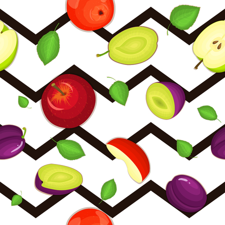 Seamless vector pattern of ripe plum, apple fruit. Striped zig zag background with delicious juicy plums apple slice half. Vector fruits Illustration for printing on fabric textile, packagingのイラスト素材