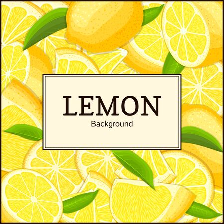 Square label on citrus lemons fruits background. Vector card illustration. Tropical fresh juicy yellow lime fruit frame peeled piece of half slice for design of food packaging juice breakfast, detoxのイラスト素材