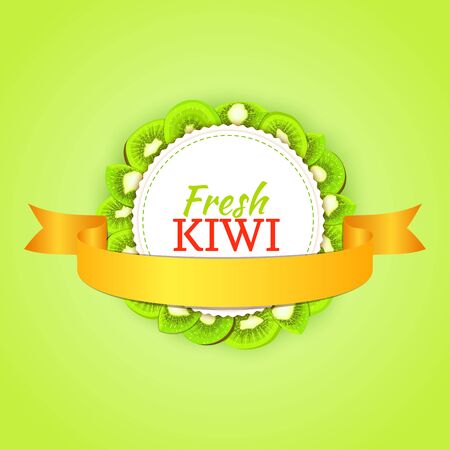Round colored frame composed of delicious kiwi fruit and gold ribbon. Vector card illustration. Circle kiwifruit frame. Ripe fresh kiwis fruits for packaging design of juice, breakfast food detox dietのイラスト素材