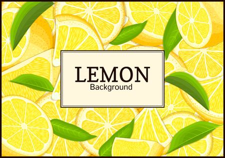 Rectangular label on citrus lemon fruits background. Vector card illustration.のイラスト素材