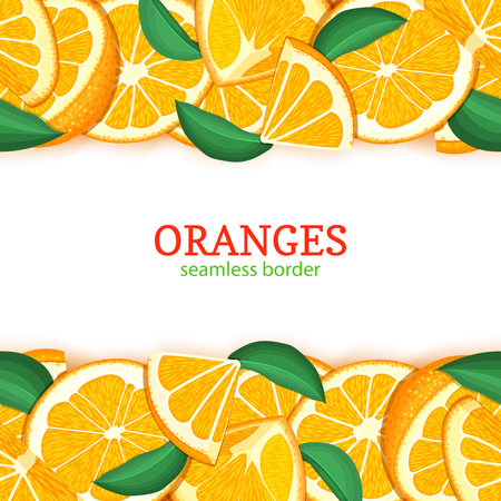 Orange fruit horizontal seamless border. Vector illustration card top and bottom Fresh tropical mandarin whole and slice for design tea, ice cream, natural cosmetics, health care products, detox diet.のイラスト素材