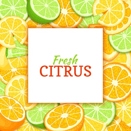 Square white label on citrus lime orange lemon background. Vector card illustration. Tropical fresh and juicy fruits frame peeled for design of food packaging juice breakfast detox cosmetics cream jamのイラスト素材