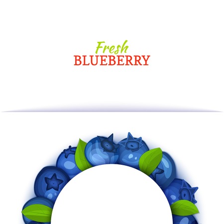 Semicircle colored frame composed of delicious blueberry fruit. Vector card illustration. Blue bilberry half-round frame for design of food packaging juice breakfast cosmetics tea detox diet.のイラスト素材
