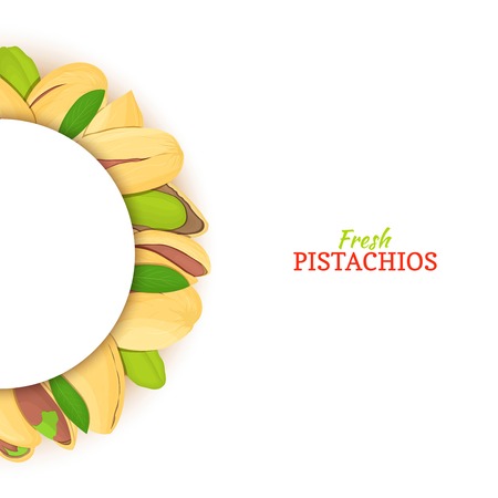 Semicircle white frame composed of pistachios nut. Vector card illustration. Nuts frame, pistacia in the shell, shelled, leaves for packaging design food, butter, pistachio oil, cosmetics cream.のイラスト素材