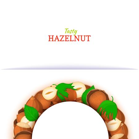 Semicircle frame composed of hazelnut nut. Vector card illustration. Nuts filbert frame, pecan fruit in the shell, shelled, leaves for packaging design food, butter, oil, detox cosmetics cream.の写真素材