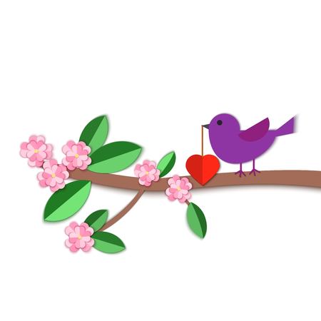 Paper art carve a bird with a heart in its beak on the bloom brunch on white background. Origami paper cut concept and Valentine's day idea, vector art illustration. Symbol of love for greeting card.のイラスト素材